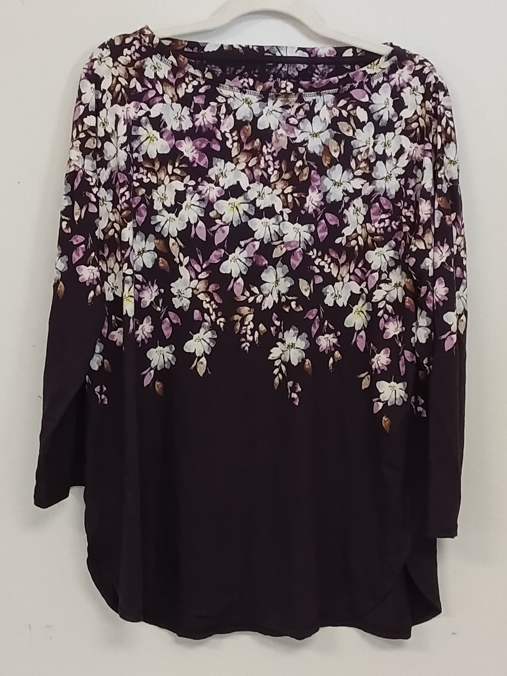 J. Jill Purple Fit Relaxed Shirttail Floral Ombre Long Sleeve Boatneck Tee XL